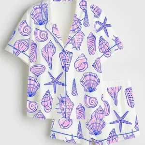 Women’s Seashell Summer Beach Art Short Sleeve Satin Pajama Set, Coastal Vacation Sleepwear, Pajama Gifts for Team