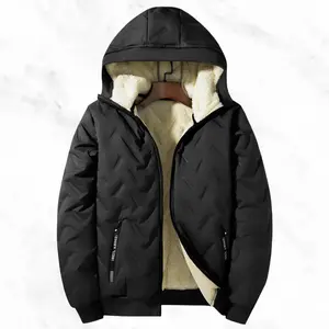 Men's fleece-lined cotton jacket with hood, casual warm style, featuring a hooded design with a faux lamb wool quilted windproof fabric on the inside, suitable for autumn and winter daily commutes and outdoor cold protection. New model available in multip
