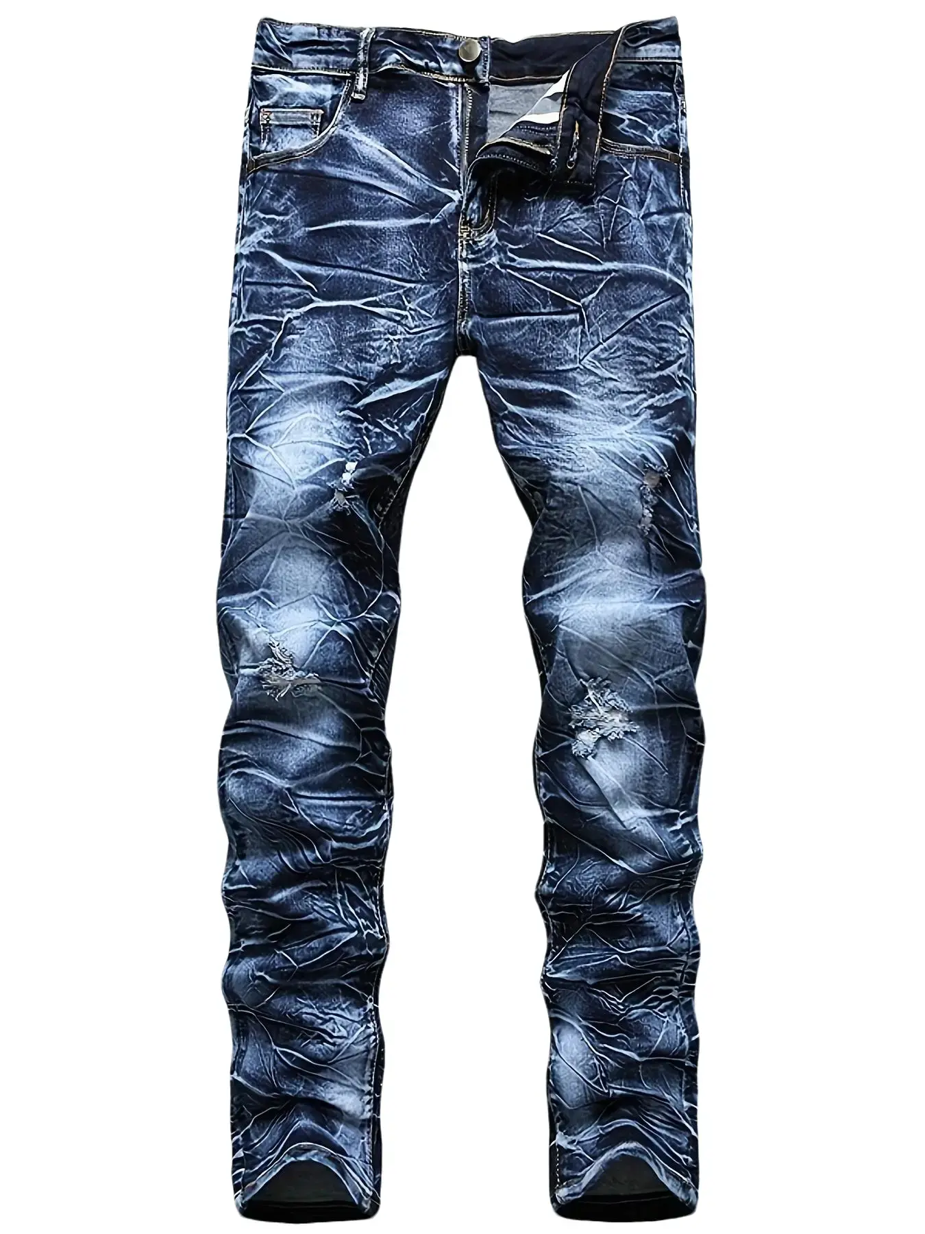 Available in two colors — men’s tie-dye gradient ruched washed distressed skinny stretch jeans; retro distressed slim hip-hop street style five-pocket casual denim skinny straight stretch jeans; premium denim fabric; stretchy, breathable, slimming cut; a