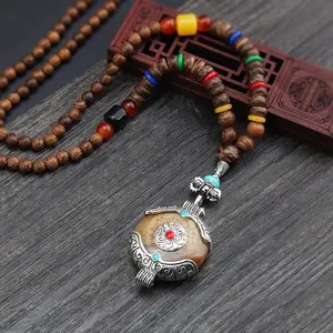 Ethnic Style Retro Long Wooden Sweater Chain Bodhi Pendant Wooden Bead Necklace