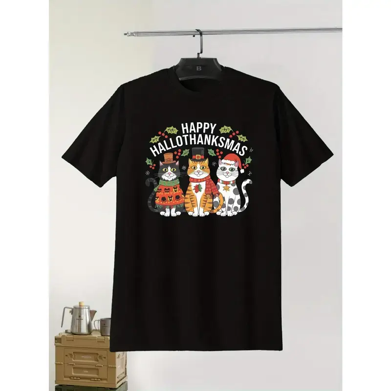 Happy HalloThanksMas Cat Graphic T-Shirt, Halloween Thanksgiving Christmas Tee