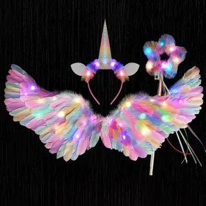 Fairy Feather Rainbow Wings Little Girl Birthday Gift Set with Glowing Magic Wand & Stage Performance Props for Elf Fairy