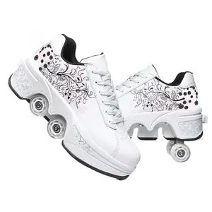 UonrvaoN Roller Skate Shoes,Rollerblades,Inlineskates,4Wheel Retractable Roller Skates,2-in-1 Roller ShoesOutdoor Sneakers With Wheels,White flowers