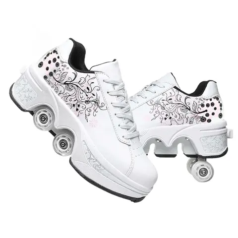 UonrvaoN Roller Skate Shoes,Rollerblades,Inlineskates,4Wheel Retractable Roller Skates,2-in-1 Roller ShoesOutdoor Sneakers With Wheels,White flowers