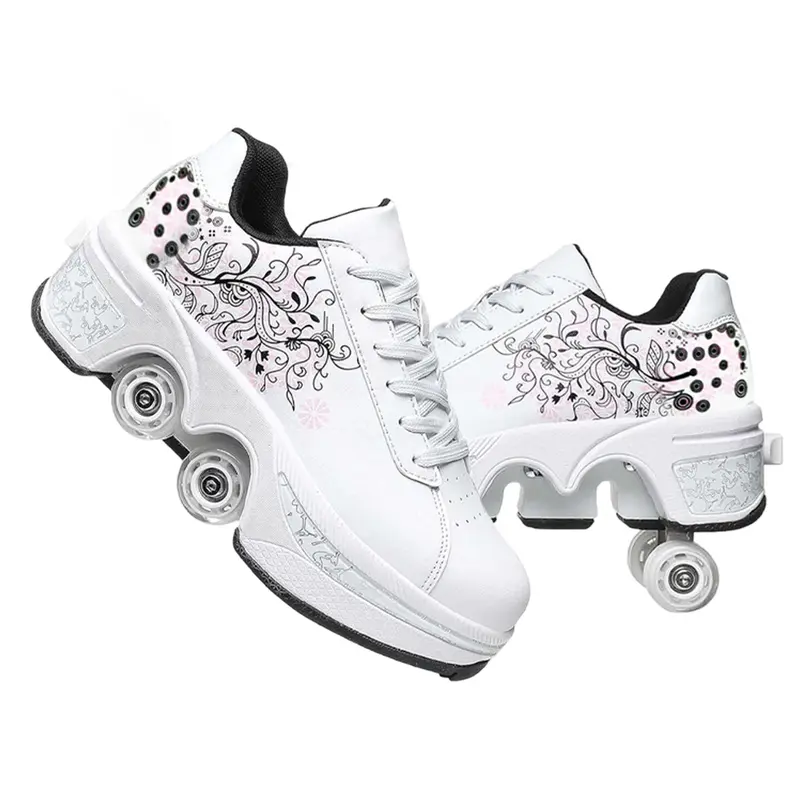 UonrvaoN Roller Skate Shoes,Rollerblades,Inlineskates,4Wheel Retractable Roller Skates,2-in-1 Roller ShoesOutdoor Sneakers With Wheels,White flowers