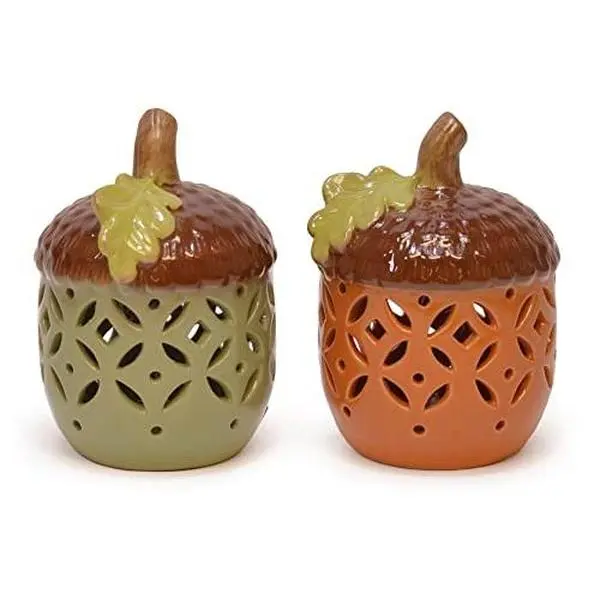 Pre-Lit LED Sage Green & Orange Harvest Acorn Tabletop Figurines Set of 2 6 Inch Decor Light Thanksgiving Ornaments