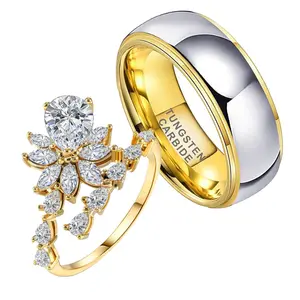 vowsering 3CT CZ Wedding Ring Set for Women & Men Yellow Gold Plated Bridal Couple Rings Tungsten Ring Wedding Band