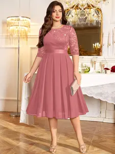 MISSMAY P25689A Plus Sequin Floral Lace 3/4 Sleeve Contrast Pleated Chiffon Hem Evening Formal Party Dress, Wedding Guest Dress, Chic Elegant Prom, For Birthday, Dinner, Womenswear Elegance