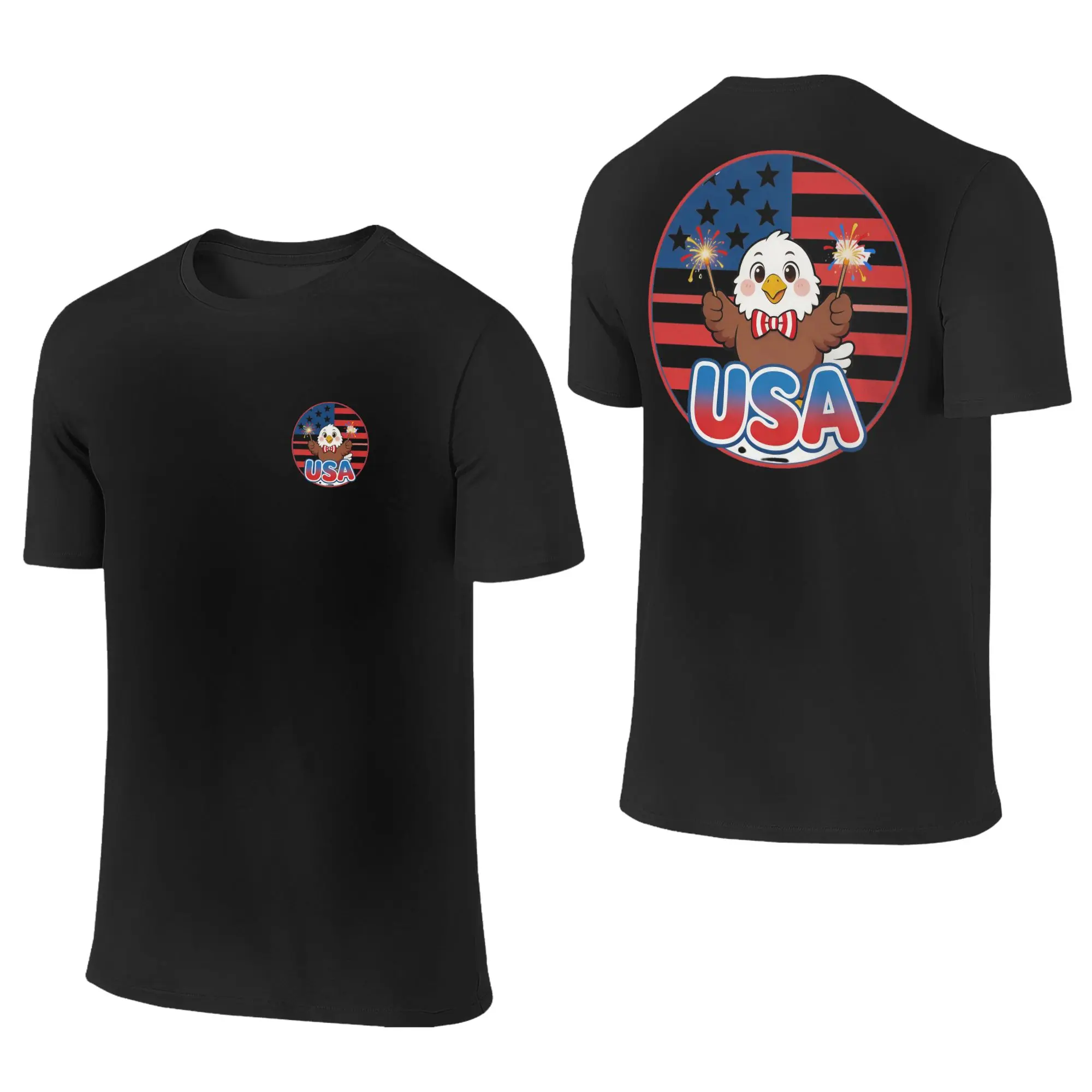 Menswear Soft Cotton Short-Sleeve Round Neck T-Shirt - Unisex American-Themed Graphic Fitness Top, 250 2-Sided Print, Small Chest Circle Logo, Large Back Eagle Design, USA Letter Graphic, Independence Day Casual Summer Wear, Shortsleeve, American-Themed G