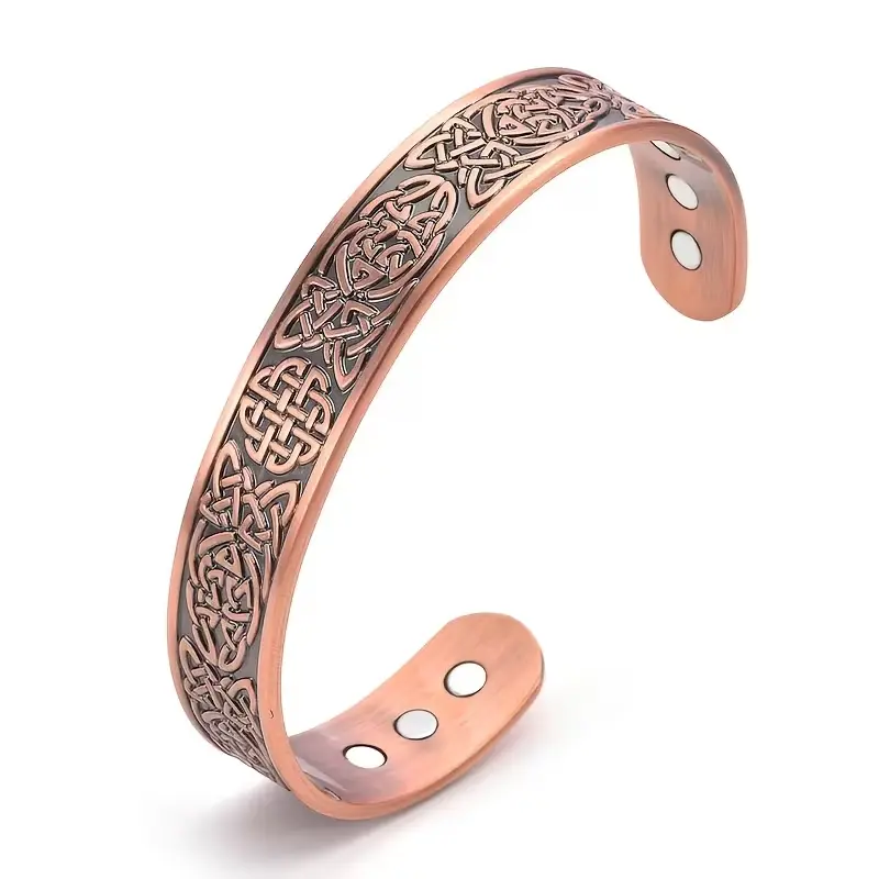 Women's Vintage Knot Engraved Open Bangle - Adjustable Size Curved Metal Bracelet, Retro Ethnic Wide Chunky Statement Jewelry for Casual Outfits, Holiday Parties, Female Wear Thoughtful Gift