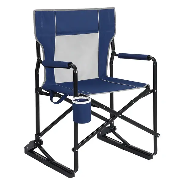 [FLASH SALE] Garvee Folding Patio Rocking Chair for Garden & Lawn, Portable Outdoor Rocker with Armrests, Breathable Backrest, Drink Holder and Navy Blue Fabric