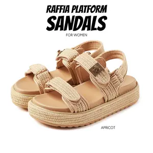 Platform Sandals For Womens Open Round Toe Raffia Summer Sandal Metallic Buckle Sticker Strapps Slip On Comfy Party Vacation Casual Work Dressy Gifts Woven Beach Sandal Shoes Spring Dressy Shoes
