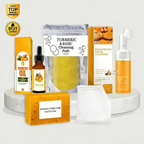Women's 5-Piece Turmeric Brightening Facial Cleansing Kit - Facial Wash, Deep Cleansing Soap, Oil, Mousse, Wipes - Dark Spot Correction, Daily Self Care Products, Gift Set for Normal Skin (Turmeric Brightening Cleanser, Skin Brightening Product)