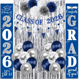 Graduation Decorations 2026 Blue and Silver Graduation Porch Sign Class of 2026 Door Banner Balloons Tissue Paper Pom Fringe Curtains Congrats Grad Party Supplies