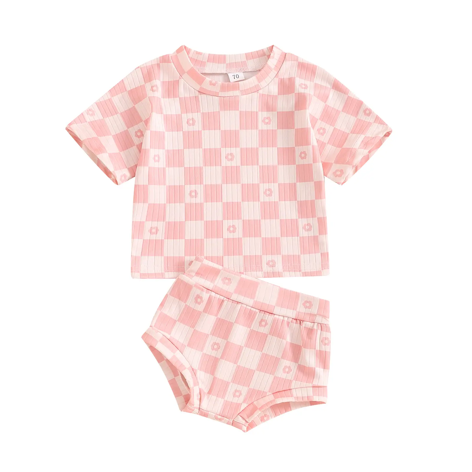 Newborn Infant Baby Girls Summer Clothes Outfits Shorts Sets Short Sleeve Checkerboard Print Tops +PP Bloomers Shorts