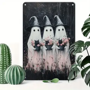 Vintage Halloween Wall Sign Featuring Three Ghosts with Witch Hats and Floral Accents Perfect for Home or Office Decor