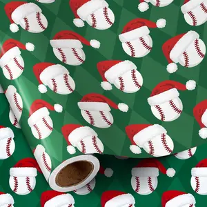 Christmas Baseball Wrapping Paper Roll for Boys, Mini Roll, Baseball with Santa Hat Design, Green   Wrap for Fans Holiday Party,  Theme, 17 Inches x 16.4