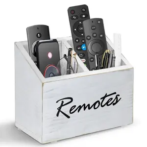 Remote Control Holder, Wood TV Remote Holder for Table, 2 Compartments Remote Control Storage Organizer, Media Caddy Organizer for Living Room Bedroom Office Nightstand(white) wooden box