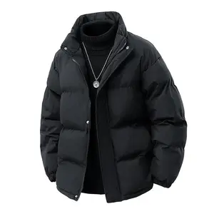 Men's Black Stand Collar Puffer Jacket, Oversized Street Style Warm Winter CoatGift