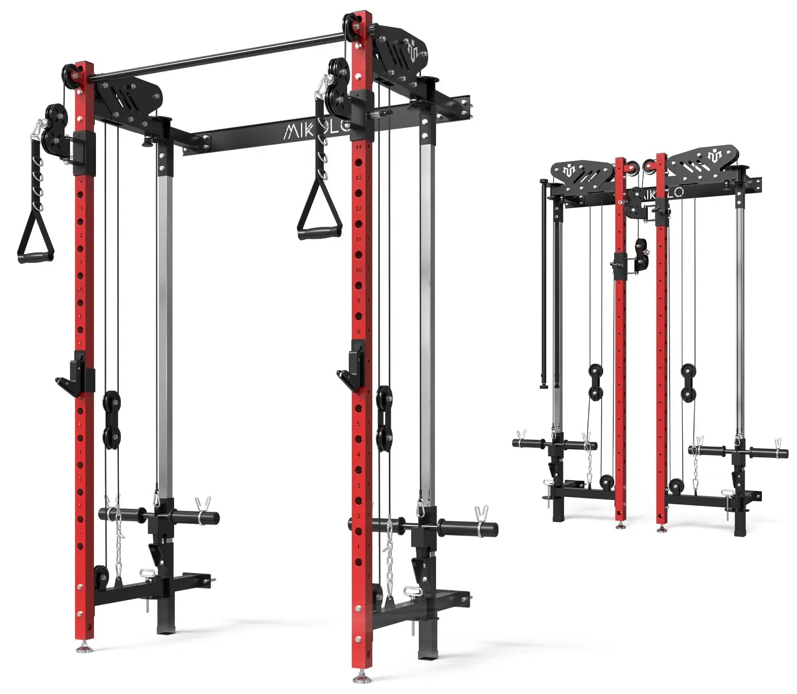Folding Squat Rack, Wall Mounted Power Rack with Cable Crossover Machine & LAT Pull Down Machines, Functional Trainer with 5 Adjustable Function Modes, for Home Gym and Space Saving Fitness Equipment Weight Lifting Safety