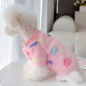 1pc Cozy Plush Fleece Dog Sweater with Heart Print, Polyester Knit Pullover Pet Clothing for Small to Medium Breeds, Hand Washable Warm Outfit for Autumn and Winter