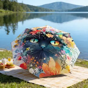 Portable folding umbrella The umbrella features a large, striking image of a blue-eyed cat surrounded by colorful flowers and abstract splashes of vibrant hues, giving a whimsical artistic effect. Suitable for daily travel use, holiday Gift