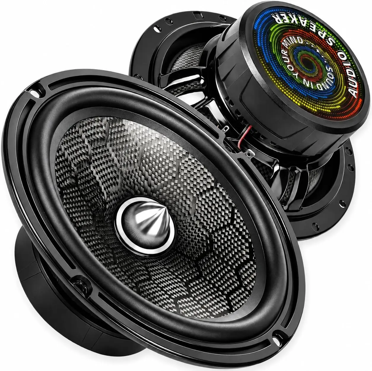 TANVSO CarbonForce 6.5 Speakers, 1000W Peak 4 Ohm 6.5 Inch Car Speakers, 6-1/2 Bullet Midrange Speakers with Honeycomb-Weave Carbon Fiber Cone, Low-Profile Aluminum Bullet for Car & Truck, 2 Pack