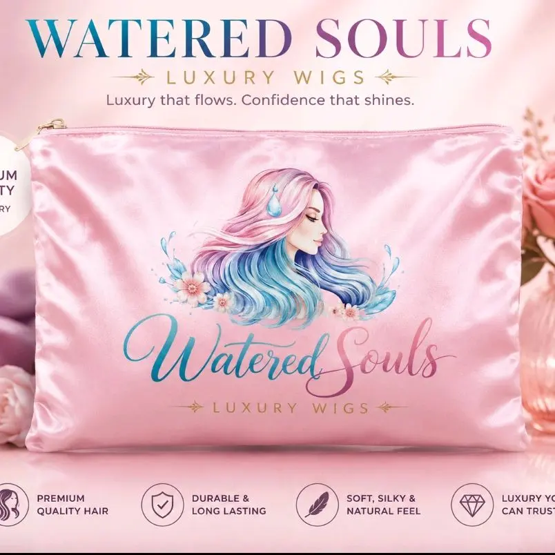 Watered Souls satin zipper pouch for wig and beauty storage.