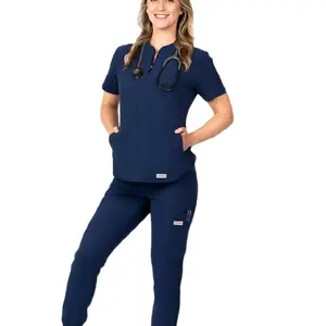 skinny jogger scrub pant - navy, high waist with pocket, comfortable fit, blue bottoms