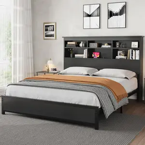 Full/Queen/King Size Bed Frame with Bookcase Headboard, Tall Wooden 2-Tier Storage Platform Bed with Charging Station, No Box Spring Needed Easy Assemble Black Mattress Foundation