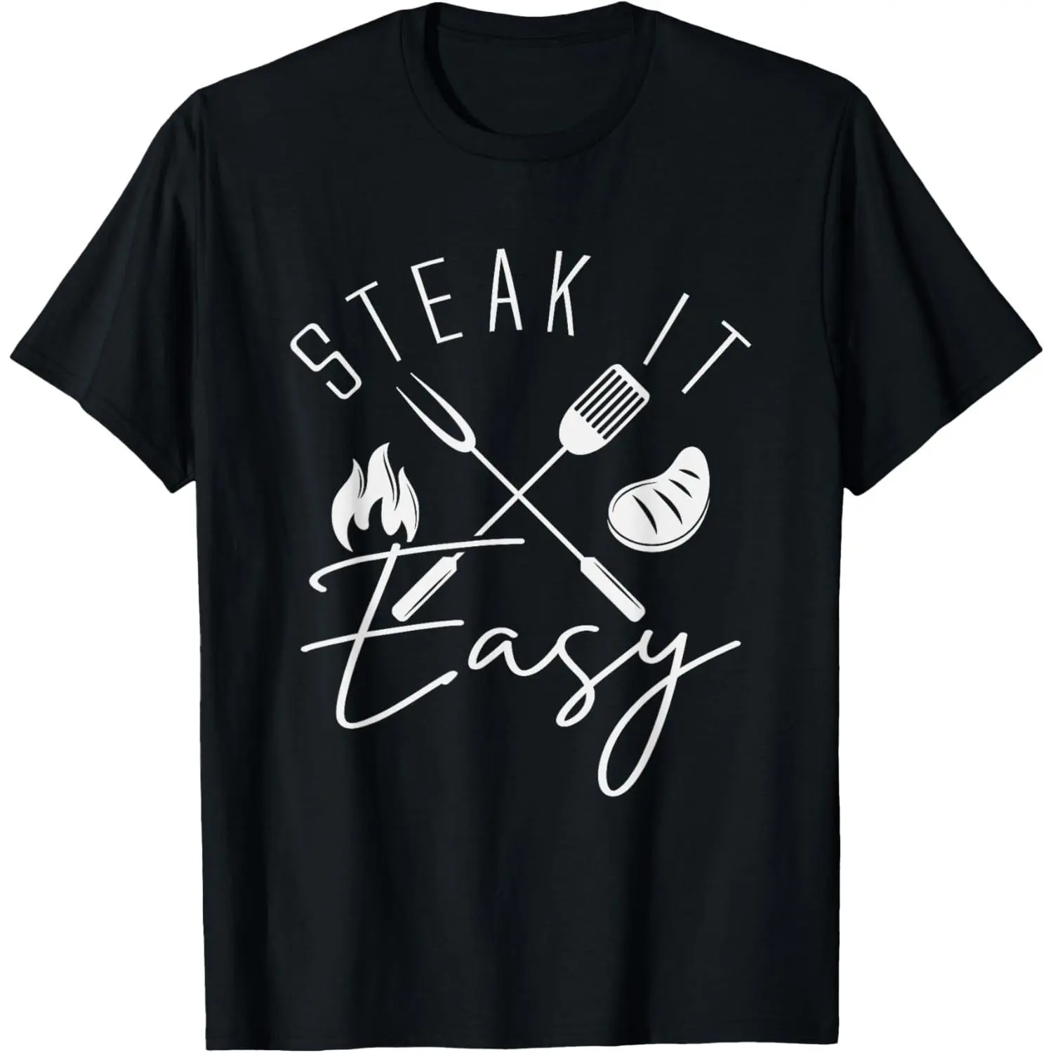 Men's Pure Cotton Soft Round Neck Short-Sleeve Casual Fitness Graphic T-Shirt - Steak It Easy Funny BBQ Grilling Gift for Men (Fathers Day, Memorial Day)