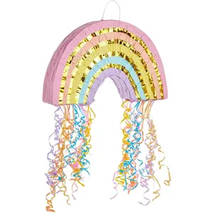 Pull String Rainbow Pinata - Small 16.5 x 10 x 3 In Pastel - Mini Birthday Pinata for Rainbow Birthday Decor