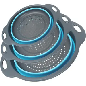 Collapsible Colander 3-Pack Set Space-Saving Foldable Kitchen Strainer with Non-Slip Base Durable Thickened PP+TPE Collapsible Strainers for Pasta, Vegetab