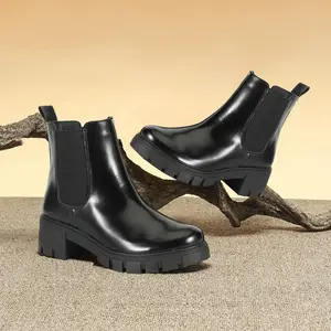 Lumubby Women's Fashion Versatile Stretch Chelsea Ankle Boots with PU Leather Upper Flat Platform 2.3-inch Chunky Heel Side Zipper for All-Day Comfort, Shoe, Walking Shoes