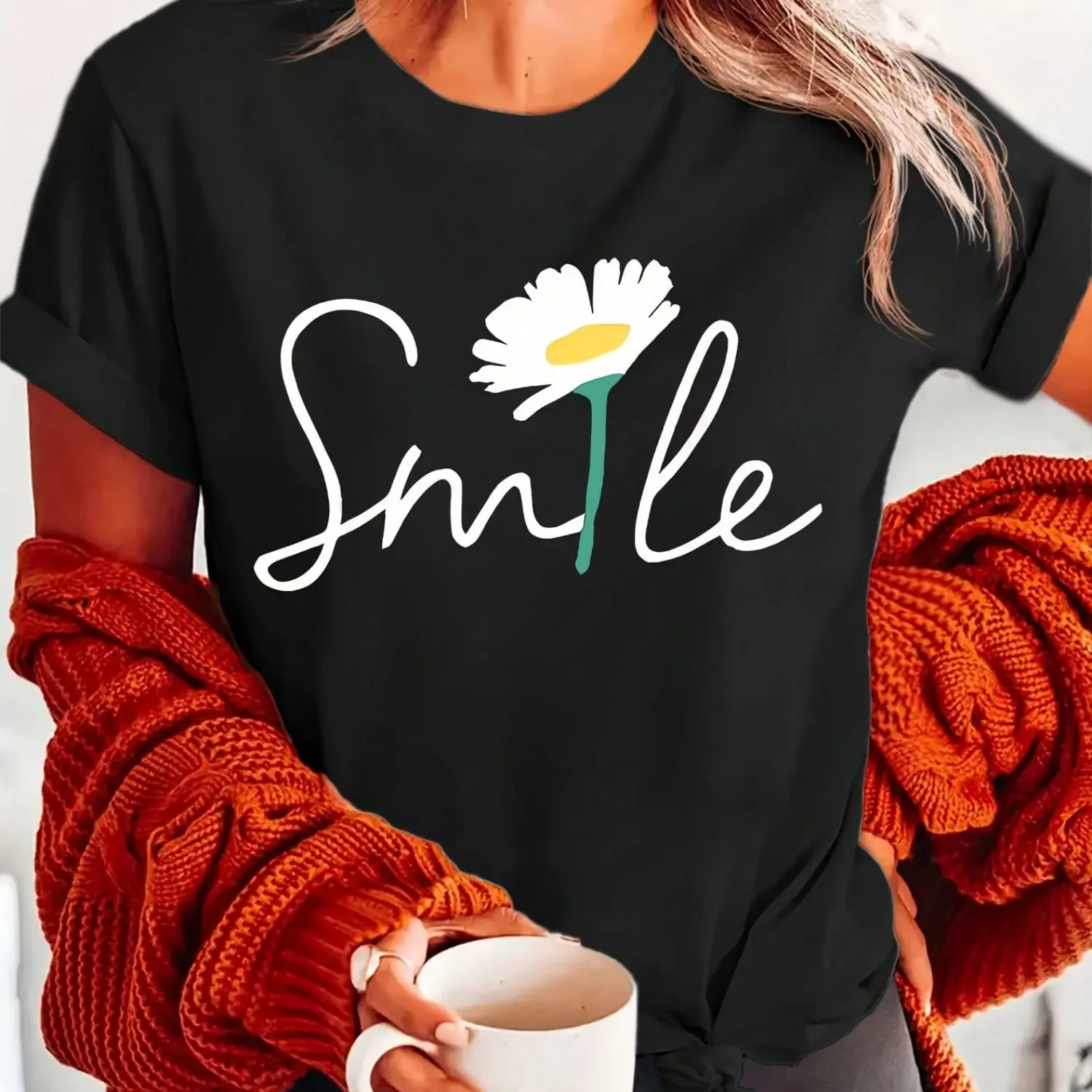 Women's Daisy Smile Graphic Short-Sleeve Blouse - Soft, Breathable, Comfortable Round Neck Casual Relaxed Fit 1-Piece Tunic Top, Black with White Daisies
