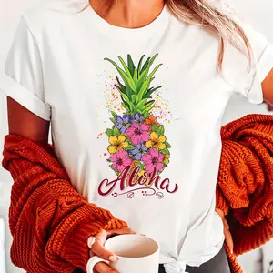 Women's Hawaiian Pineapple & Hibiscus Print T-Shirt - Short Sleeve Crew Neck Aloha Top with Hibiscus Flower & Pineapple, Semi-Sheer Blouse for Beachwear, Summer Spring Outfits, Machine Washable Hawaiian Style Clothing White CLL T-shirts-9008