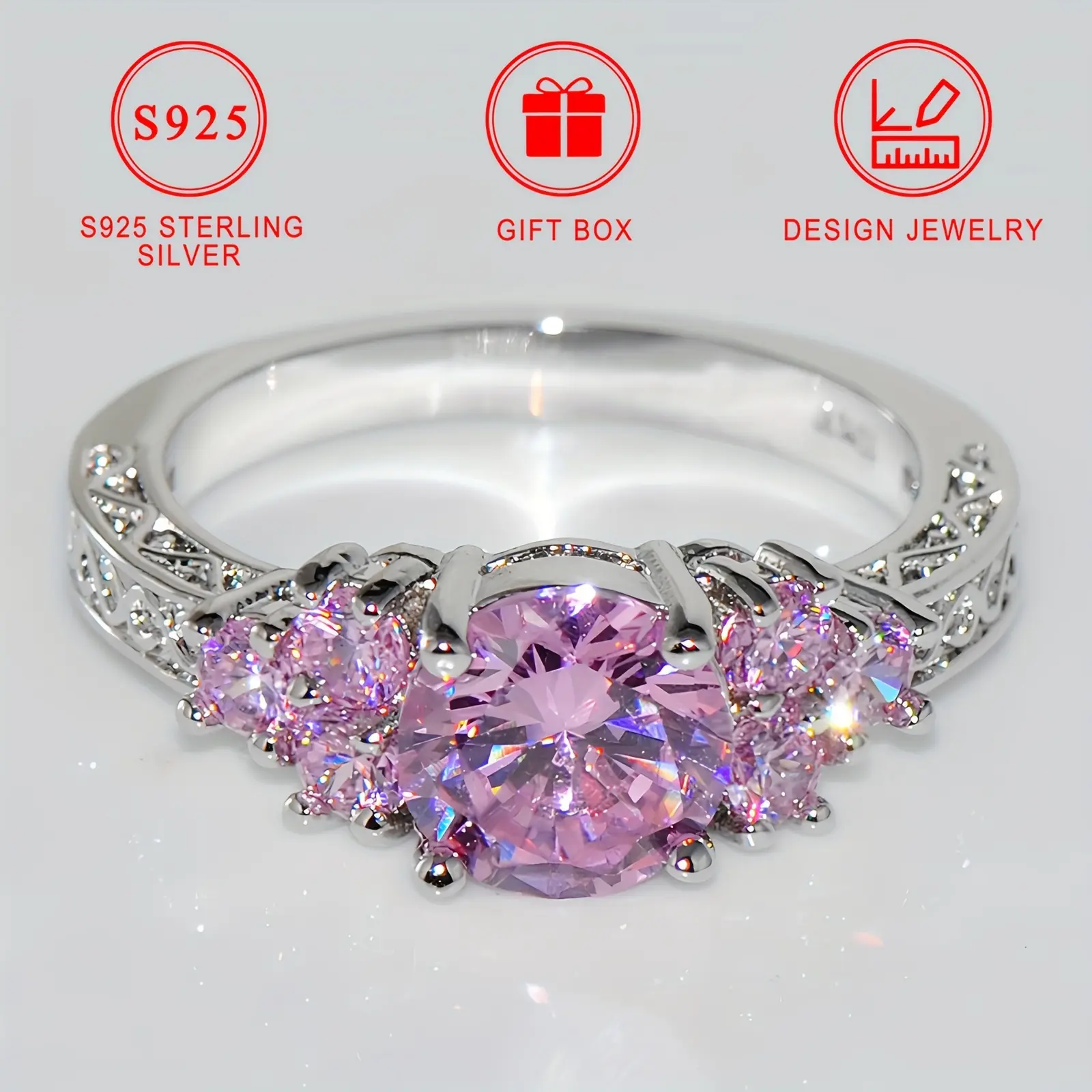 Elegant 925 Sterling Silvery Promise Ring with Sparkling Pink Cubic Zirconia - Perfect Engagement or Wedding Band, Includes Gift Box