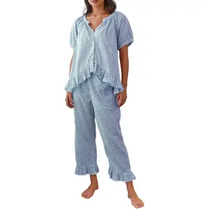 Women Plaid Pajama Set Gingham 2 Piece Sleepwear Button Down Babydoll Top Pants Cozy Lounge Set