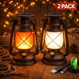 Homechoose Solar & USB-C Rechargeable Flame Effect LED Lanterns (Set of 2) - 1200mAh Battery, Timer, Light Sensor, Indoor/Outdoor Camping Use