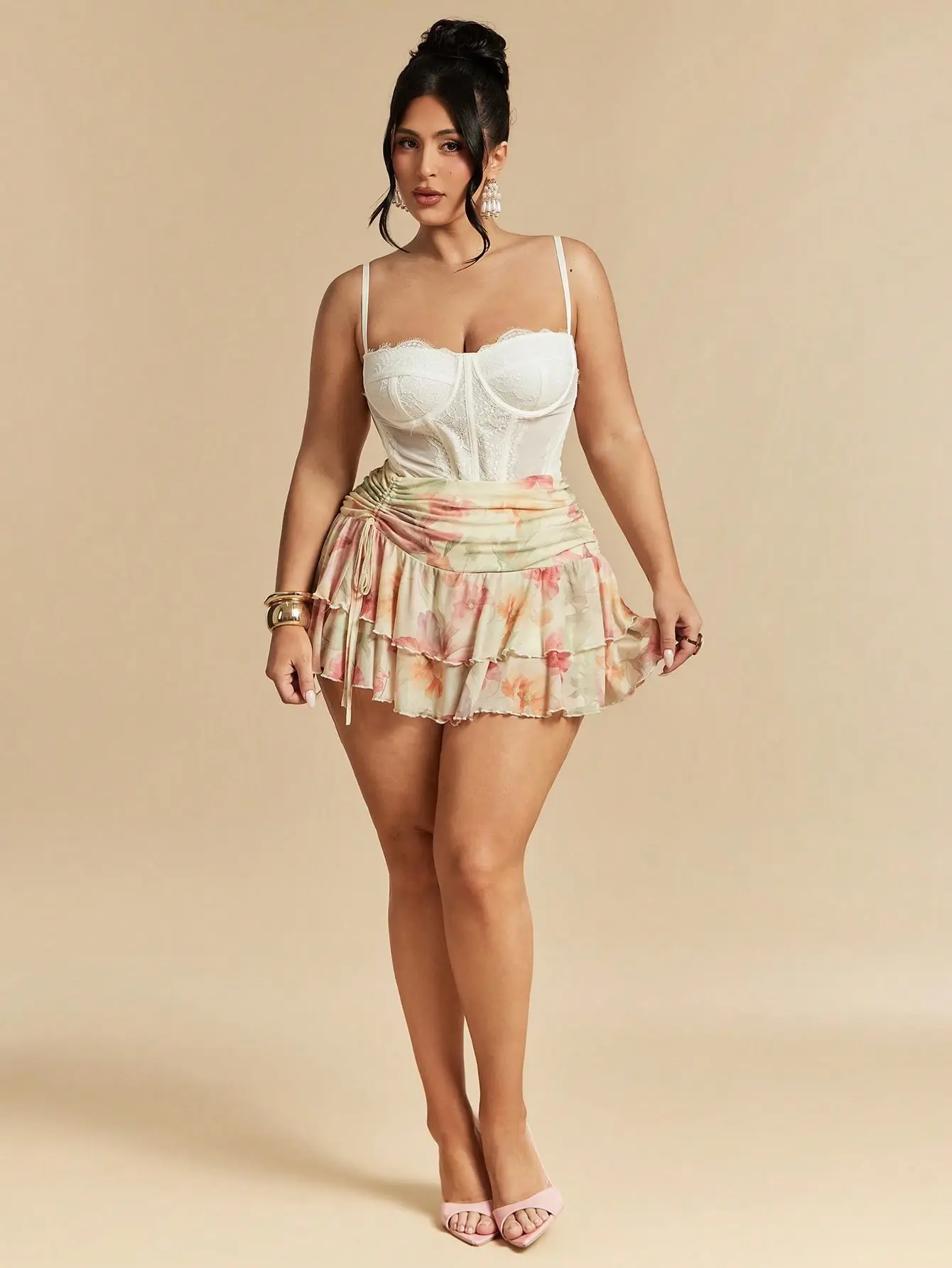 VYNCE Yellow Floral Ruffle Hem Plus Size Skirt Layered Low Waist Boho Elegant Summer Party Skirt