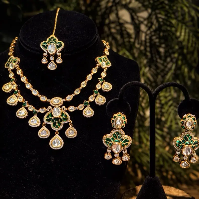 22K Gold Plated 3-Piece Green Statement Necklace Set | Handmade Doublet Jewelry | Real Moissanite #004