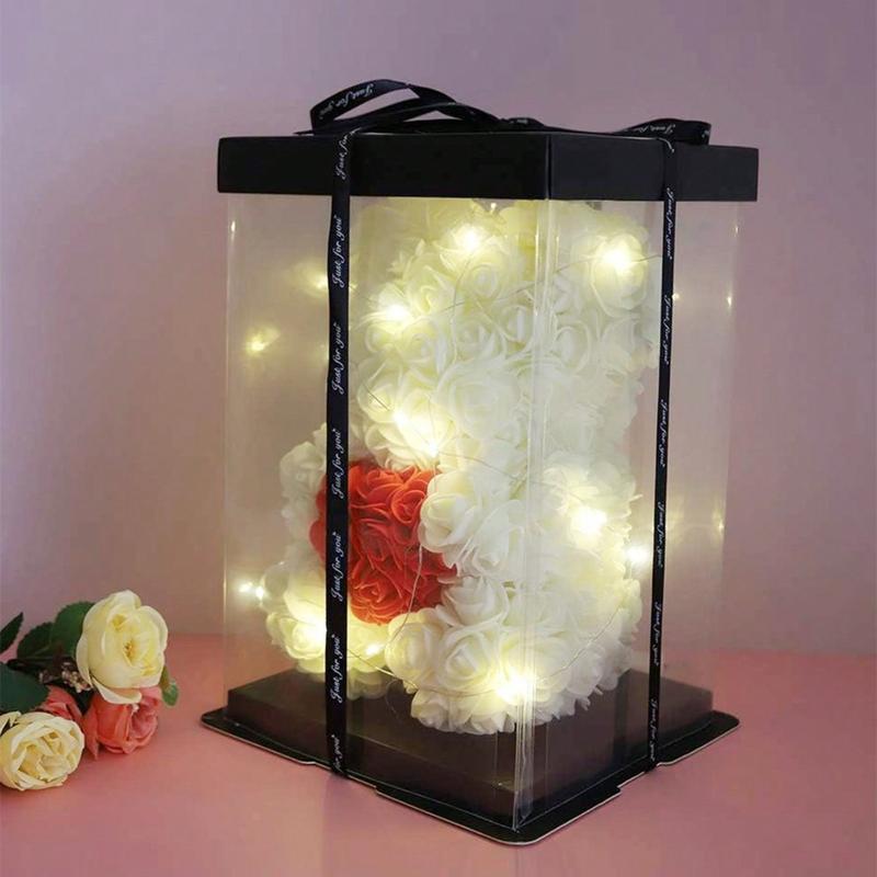 Rose Flower Bear-Hand Made Rose Teddy Bear, Best Artificial Decoration Gifts for mom, Gifts for Girls, Clear Gift Box Bouquet Handmade