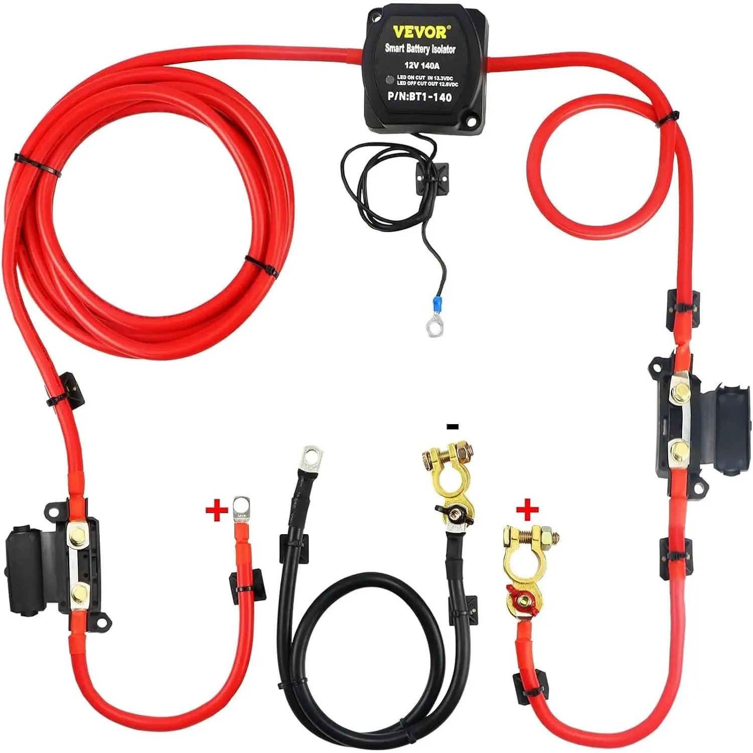 VEVOR Split Charge Relay Kit, 6mtr 12V, Automatic Dual Battery Isolator Kit with 140AMP Voltage Sense Relay VSR, Compatible with RV Marine Car Vehicle Truck Caravan Camper Yacht ATV UTV Boats Workshop, 12.8V Cut-Out Voltage, 12V Dc