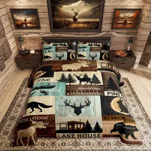 Hunting Woodland Animal Comforter Set,Rustic Fox Bear Deer Moose Bedding Set,Lake House Fishing Comforter,Countryside Wildlife Quilt Duvet