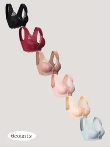 Women's Contrast Lace Hook & Eye Front Push Up, Soft Comfy Breathable Wireless Scallop Trim Bra Lingerie Top for Daily Wear, Women's Lingerie for All Seasons