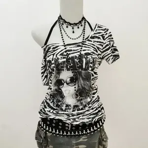Y2K Zebra Print Slim Fit T-Shirt – 2000s Vintage Punk Gothic Short Sleeve Top for Women