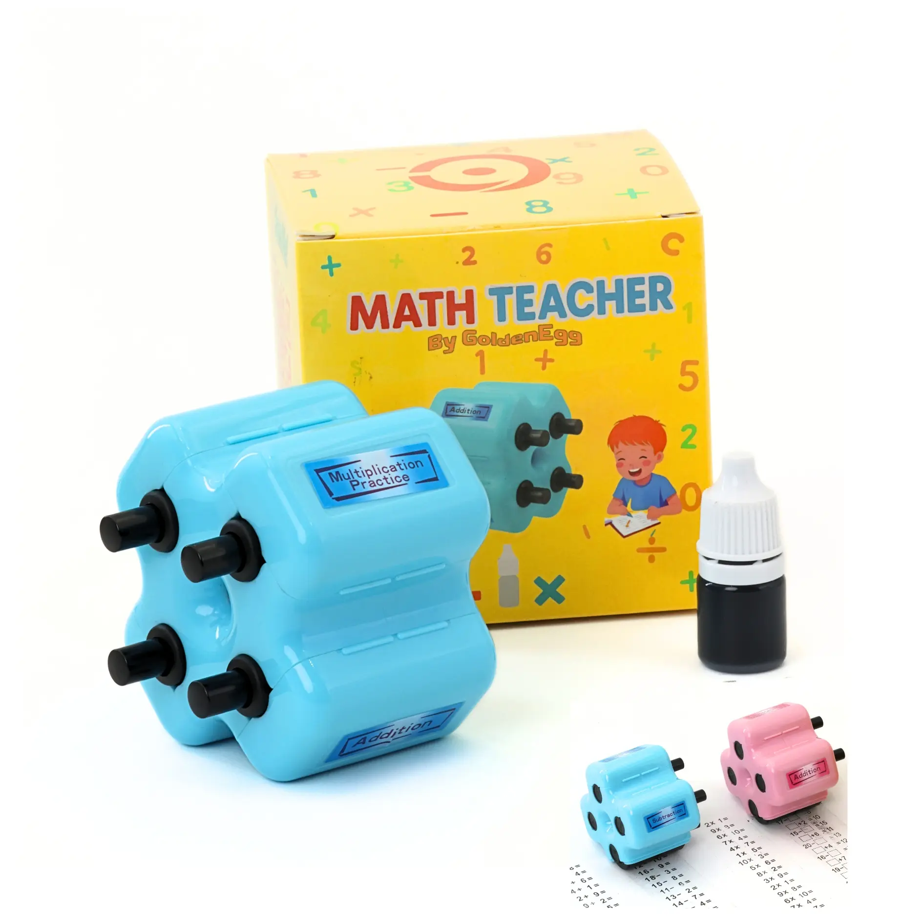 GoldenEgg Math Teacher 4-in-1 Stamp Roller Addition Subtraction Multiplication Fill the Blank Educational Math Toy & Learning Tool for Kids, Parents, Teachers & Homeschool