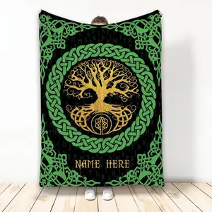 Custom Celtic Viking Tree of Life Yggdrasil Norse Nordic Gift Personalized Soft Sherpa Throw Blankets Cozy Fuzzy Fleece Throws for Tv Sofa Couch Comfy Fluffy Blanket 30X40 50X60 60X80