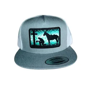 Snap Back Cachucha de Broche with Horse and Cross Design Grey and Teal Snapback Hat