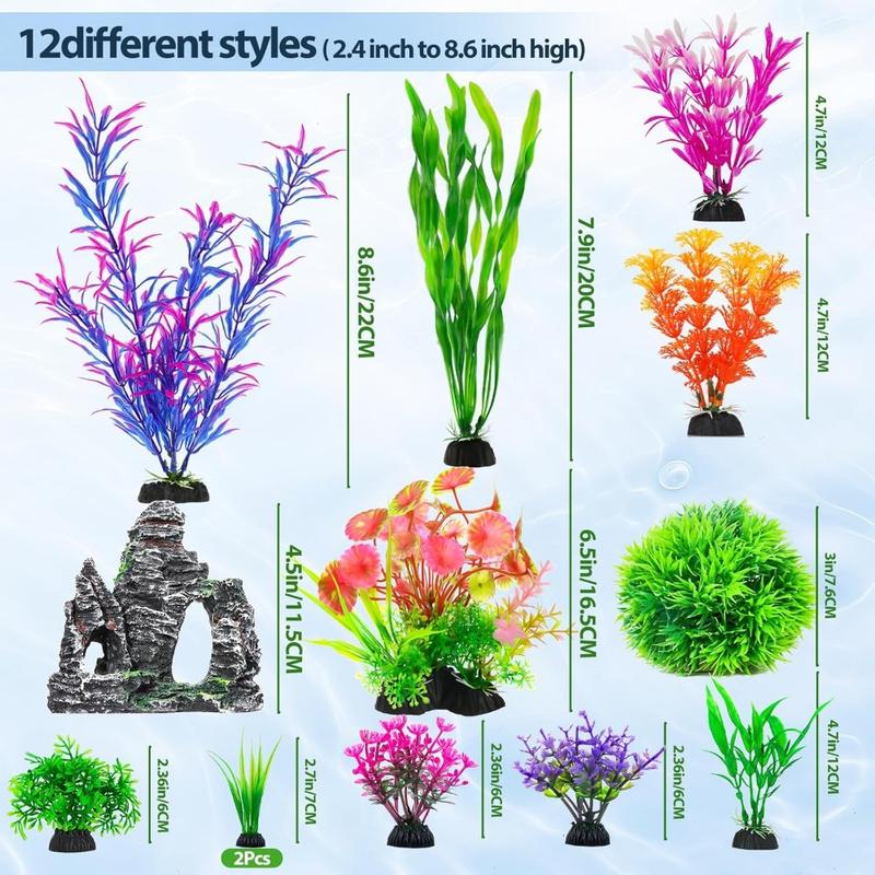 13 Aquarium Plants Cave Rock Decor Set& Fish Tank Artificial PlasticPlants,Fish Tank Accessories Small Large Aquarium Decorations Kit